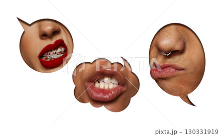 Bold poster. Close-up lips and nose inside speech bubbles with copy space for expressive communication Bold poster. Close-up lips and nose inside speech bubbles with copy space for expressive communication 130331919