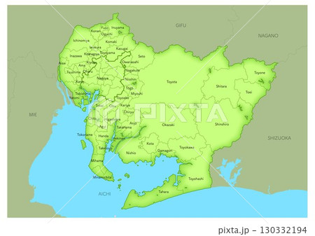 愛知県の英語の地名や行政区分付きの地図。日本の都市の地図シリーズ（周辺地域含む） 130332194