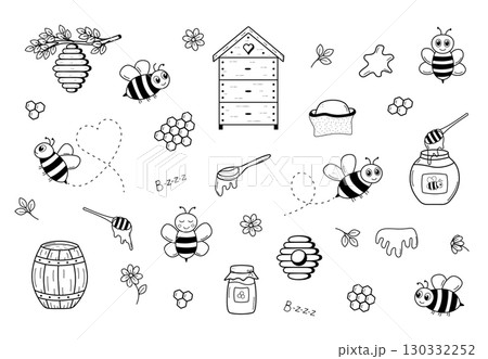 Bees and honey doodle set. Cartoon illustration of the beekeeping concept. hand drawn vector, isolated on a white background. 130332252
