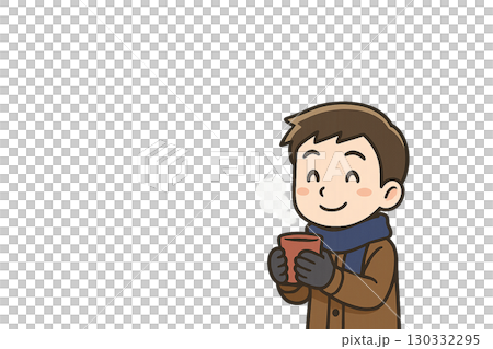 ホットドリンクで体を温める男性キャラクターの冬イラスト 130332295