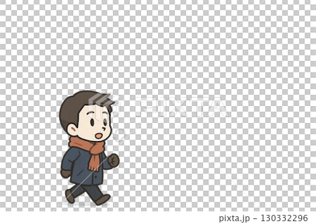 マフラーを巻いて白い息を吐く男性キャラクターの冬イラスト 130332296