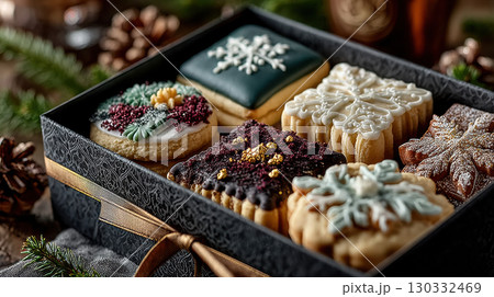 Decorative holiday cookies in gift box with snowflake designs and festive colors create joyful atmosphere 130332469