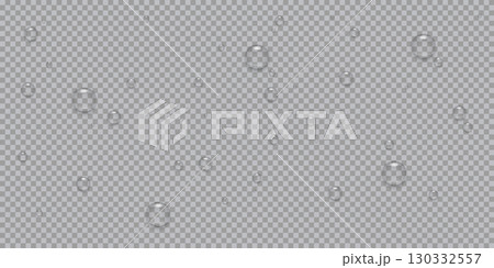 Transparent water drops background. Realistic clear droplets scattered on transparent surface with reflection and soft shadows for rain, glass or freshness concept. Vector illustration 130332557