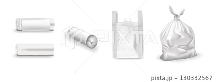 White plastic garbage bags collection. Realistic tied sack, shopping bag and rolled liners for household waste, cleaning, packaging or recycling. Isolated vector illustration 130332567