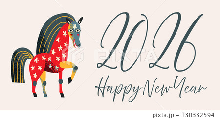 2026 New Year greeting card with cute horse with floral ornaments in playful cartoon style. Zodiac symbol celebration image for calendar, banner, poster, holiday decor. Festive vector background 2026 New Year greeting card with cute horse with floral ornaments in playful cartoon style. Zodiac symbol celebration image for calendar, banner, poster, holiday decor. Festive vector background 130332594