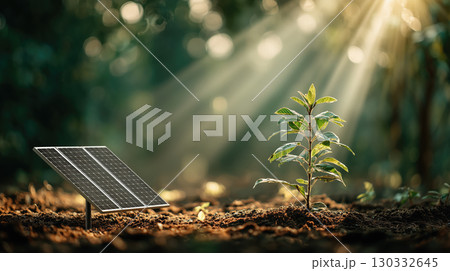 Solar panel and sapling in sunlight 130332645