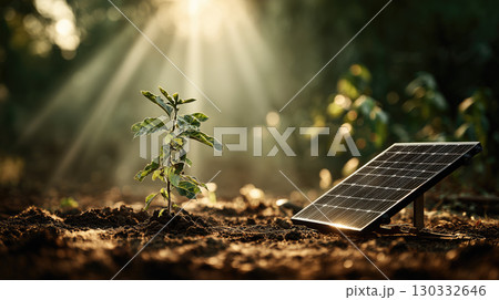 Solar panel beside sapling in sunlight 130332646