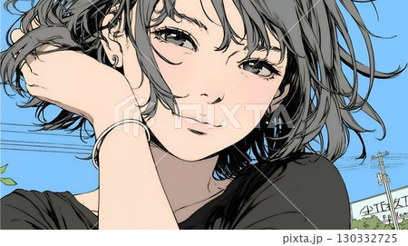 髪をかきあげている（なでている）若い女性