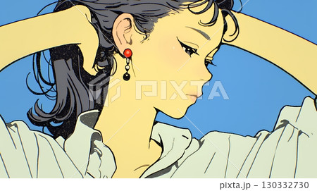 髪をかきあげている（なでている）若い女性