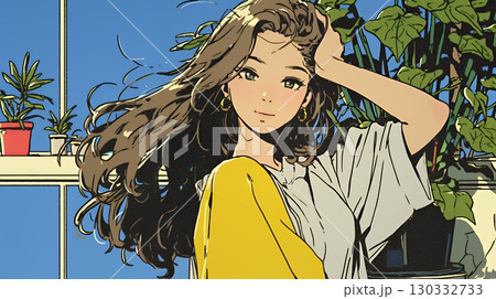 髪をかきあげている（なでている）若い女性