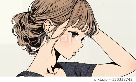 髪をかきあげている（なでている）若い女性