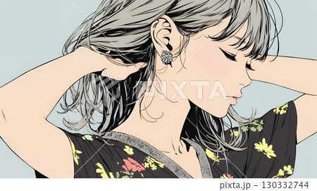髪をかきあげている（なでている）若い女性
