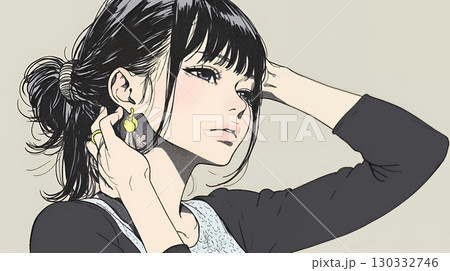 髪をかきあげている（なでている）若い女性