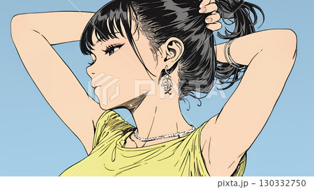 髪をかきあげている（なでている）若い女性