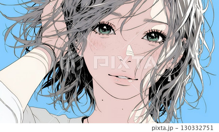 髪をかきあげている（なでている）若い女性
