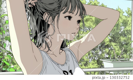 髪をかきあげている（なでている）若い女性