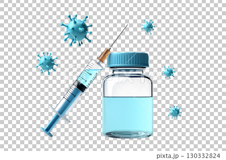 3d vaccine vial and syringe with needle, medical immunization concept isolated on transparent background 130332824