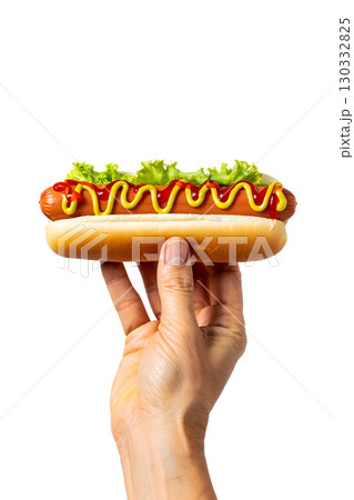 Hand holding delicious hot dog with mustard and ketchup, classic american street food isolated on transparent background 130332825