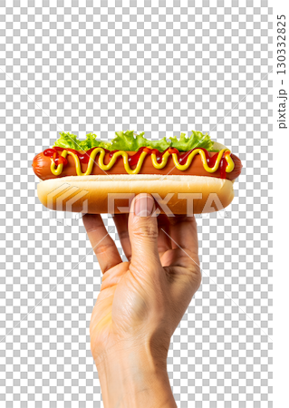 Hand holding delicious hot dog with mustard and ketchup, classic american street food isolated on transparent background 130332825