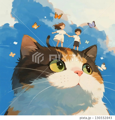 お子様が喜ぶ可愛らしい三毛猫のファンタジーイラスト 130332843