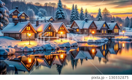 Whimsical Winter Village Watercolor Christmas Background  130332875