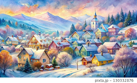 Whimsical Winter Village Watercolor Christmas Background  130332876
