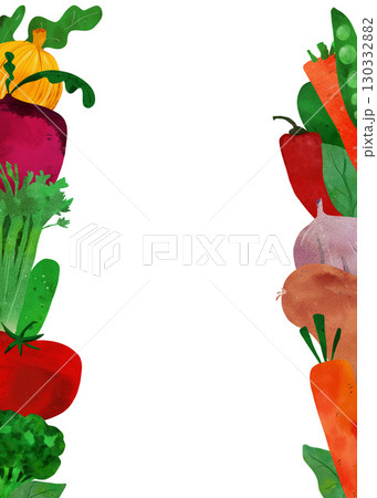 Vibrant watercolor border illustration of colorful vegetables: carrot, tomato, broccoli, pepper, beet, cucumber, onion. Perfect for children's books, educational materials, healthy eating posters Vibrant watercolor border illustration of colorful vegetables: carrot, tomato, broccoli, pepper, beet, cucumber, onion. Perfect for children's books, educational materials, healthy eating posters 130332882