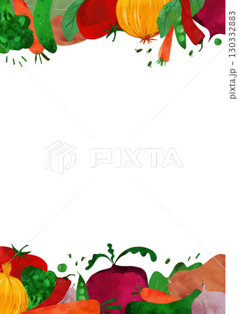 Vibrant watercolor border illustration of colorful vegetables: carrot, tomato, broccoli, pepper, beet, cucumber, onion. Perfect for children's books, educational materials, healthy eating posters Vibrant watercolor border illustration of colorful vegetables: carrot, tomato, broccoli, pepper, beet, cucumber, onion. Perfect for children's books, educational materials, healthy eating posters 130332883