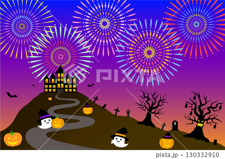 ハロウィンの夜に花火が上がる。かぼちゃとおばけと屋敷の背景イラスト 130332910