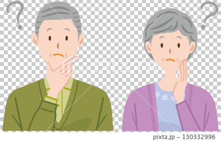 Illustration of a thinking elderly couple, doubts, elderly people 130332996