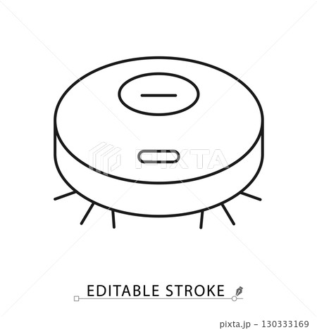 A robot vacuum icon in minimalist style with editable stroke. Cleaning device, smart appliance, household machine, modern technology, domestic utility, electronic equipment, interior element 130333169