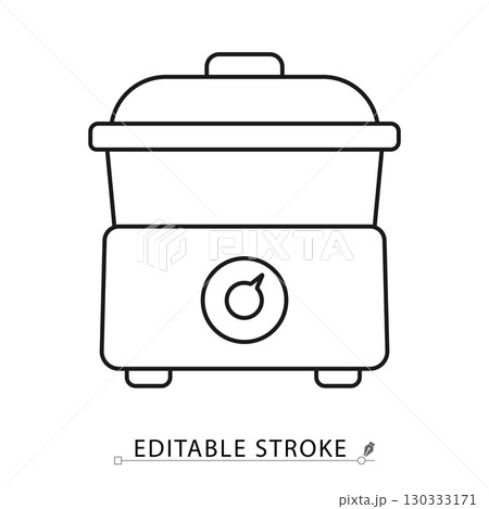 A rice cooker icon in minimalist style with editable stroke. Kitchen appliance, cooking equipment, household device, domestic utility, modern technology, electric machine, interior element A rice cooker icon in minimalist style with editable stroke. Kitchen appliance, cooking equipment, household device, domestic utility, modern technology, electric machine, interior element 130333171