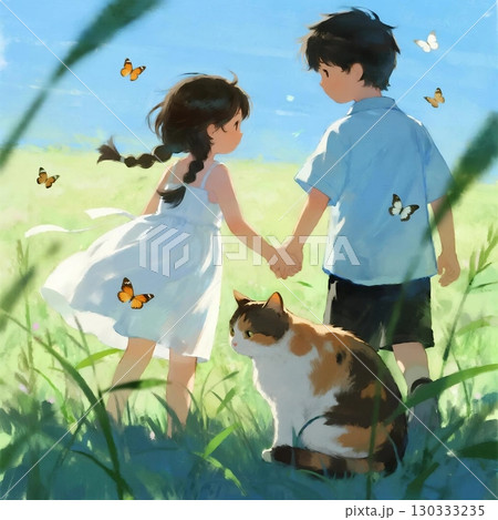 草原にたたずむ女の子と男の子のエモーショナルイラスト 130333235