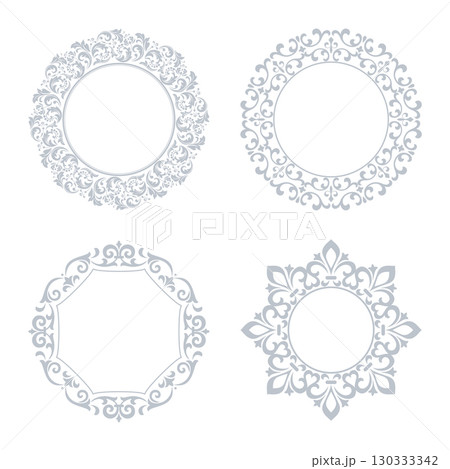 Set of decorative frames Elegant vector element for design in Eastern style, place for text. Floral gray and white borders. Lace illustration for invitations and greeting cards Set of decorative frames Elegant vector element for design in Eastern style, place for text. Floral gray and white borders. Lace illustration for invitations and greeting cards 130333342