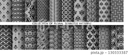 Geometric floral set of seamless patterns. Gray and black vector backgrounds. Damask graphic ornaments 130333387