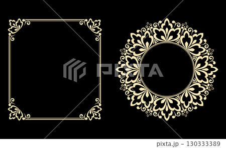 Set of decorative frames Elegant vector element for design in Eastern style, place for text. Floral black and golden borders. Lace illustration for invitations and greeting cards 130333389