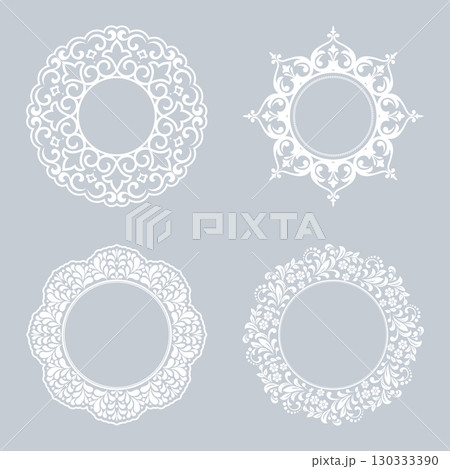 Set of decorative frames Elegant vector element for design in Eastern style, place for text. Floral gray and white borders. Lace illustration for invitations and greeting cards Set of decorative frames Elegant vector element for design in Eastern style, place for text. Floral gray and white borders. Lace illustration for invitations and greeting cards 130333390