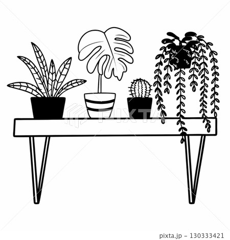 A minimalist black and white line art illustration of a wooden shelf with various potted houseplants A minimalist black and white line art illustration of a wooden shelf with various potted houseplants 130333421