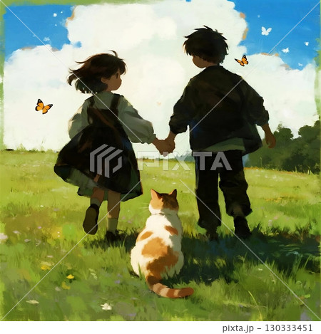 猫と人間のあたたかなエモーショナルイラスト 130333451