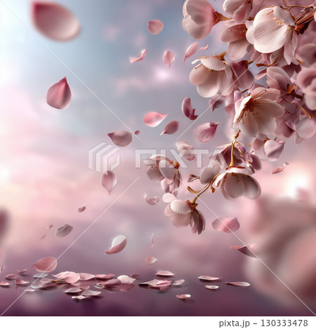 春風に舞う桜の花びらと幻想的なピンクの空背景 130333478