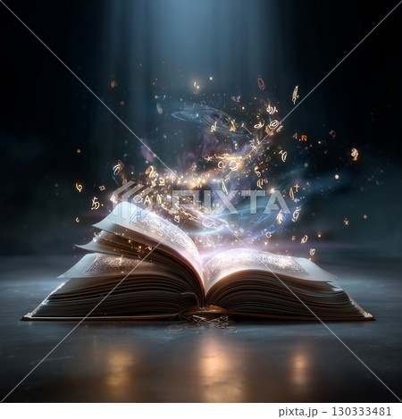 魔法の輝きが溢れる古代の呪文書と幻想的な光の文字 魔法の輝きが溢れる古代の呪文書と幻想的な光の文字 130333481