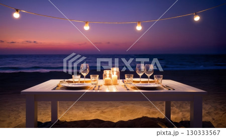 Beachfront Dining, Romantic Ambiance, Gourmet Experience, Coastal Luxury. Perfect for fine dining, resort marketing, special occasions 130333567
