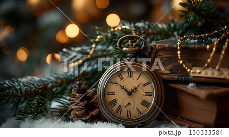 Vintage pocket watch with pine branches and books in cozy christmas scene with festive bokeh lights Vintage pocket watch with pine branches and books in cozy christmas scene with festive bokeh lights 130333584