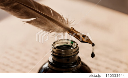 Feather Quill Detail, Delicate Structure, Writing Instrument, Timeless Elegance. Perfect for literature, historical themes, classic design Feather Quill Detail, Delicate Structure, Writing Instrument, Timeless Elegance. Perfect for literature, historical themes, classic design 130333644