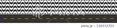 Road and sidewalk with Copacabana print. Repeating black and white waving texture in Portuguese pavement style. Fragment of the famous beach promenade in Rio de Janeiro. Vector graphic illustration 130333701