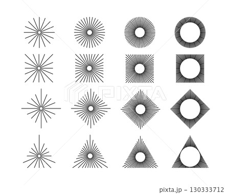 Straight radial lines in circular, square, rhombus and triangle shapes. Sun rays icons. Solar signs. Radiance, explosion or firework symbols isolated on white background. Vector graphic illustration 130333712