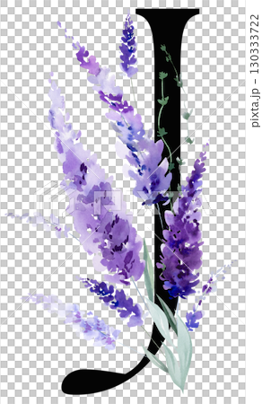 Black letter J with watercolor purple lavender flowers, summer floral wedding isolated monogram Black letter J with watercolor purple lavender flowers, summer floral wedding isolated monogram 130333722