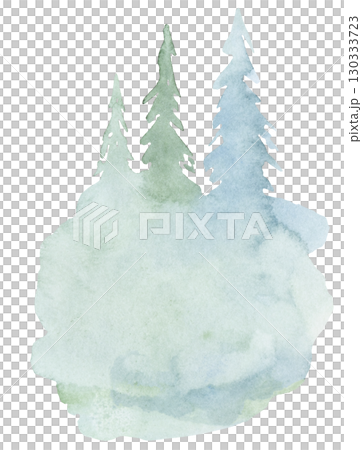 Hand drawn watercolor light green spruce or pine tree misty forest, winter isolated illustration 130333723