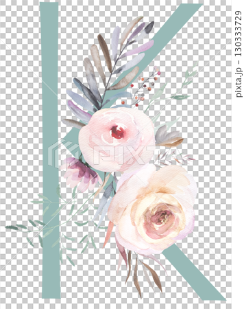 Letter K with Watercolor pastel tender flowers and leaves, isolated illustration, Baby shower element 130333729