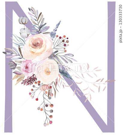 Letter N with Watercolor pastel tender flowers and leaves, isolated illustration, Baby shower element 130333730